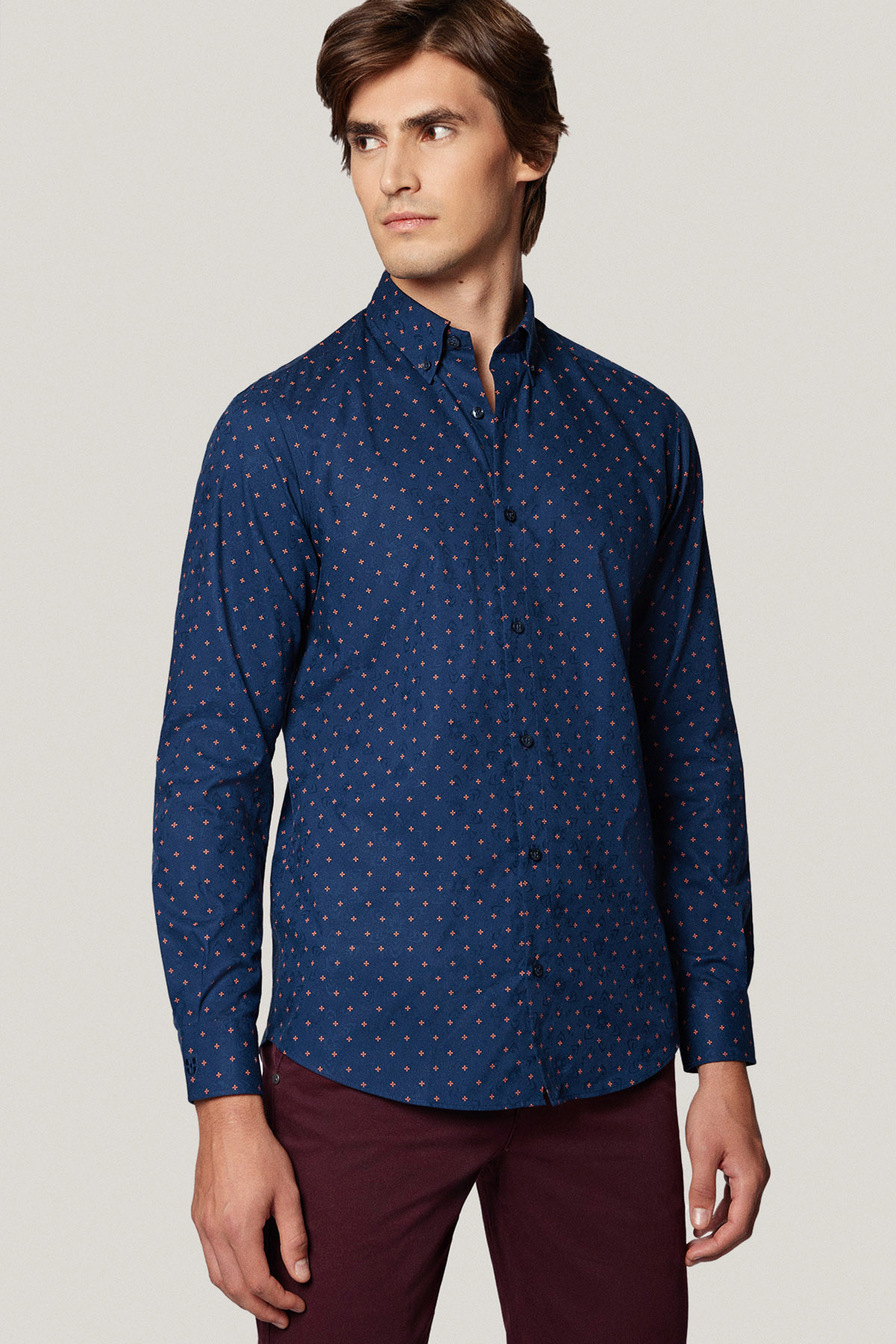 Koszula Granatowa z Bawełny z Długim Rękawem w Mikrowzór PM44