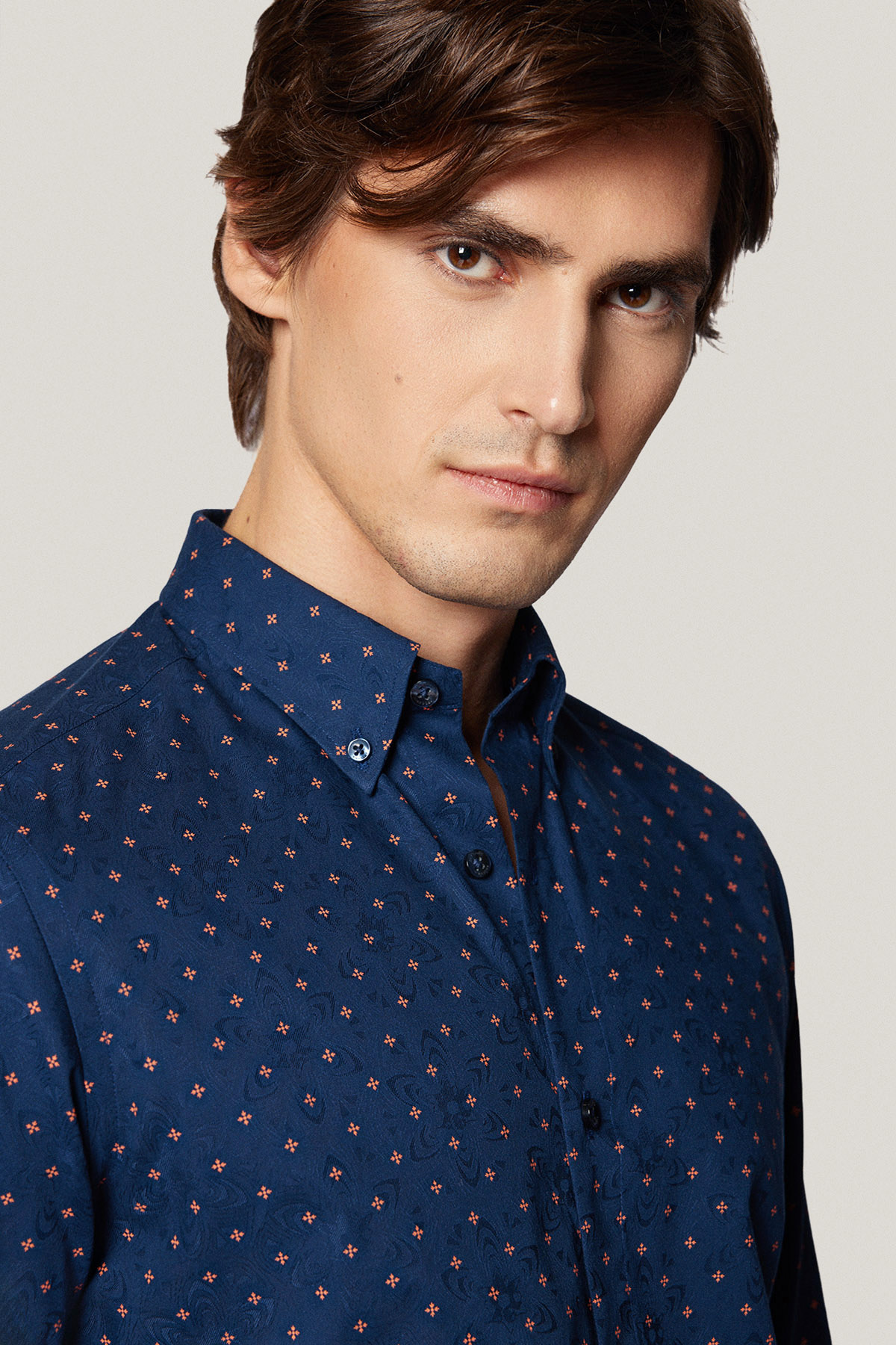 Koszula Granatowa z Bawełny z Długim Rękawem w Mikrowzór PM44