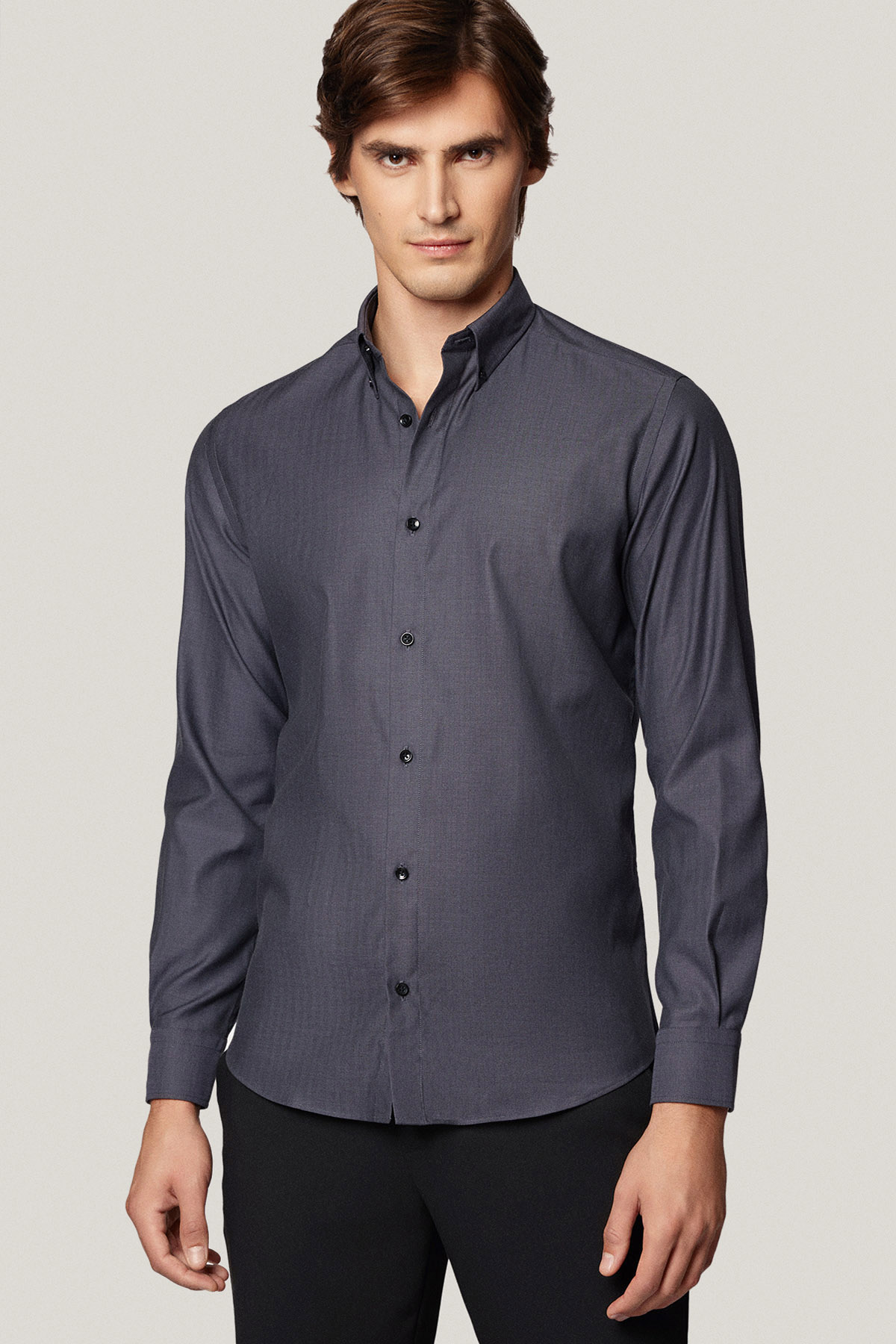 Koszula Szara z Bawełny z Długim Rękawem w Jodełkę PM48