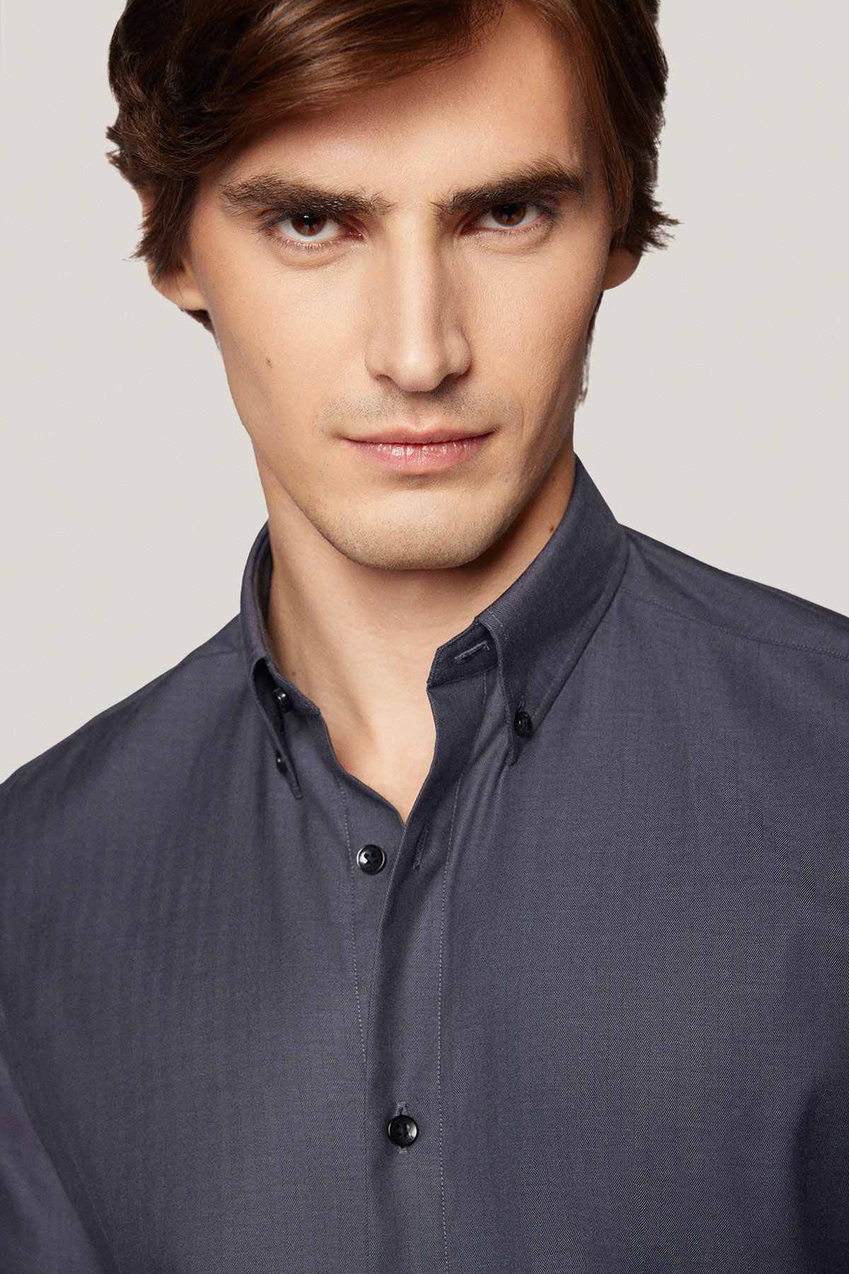 Koszula Szara z Bawełny z Długim Rękawem w Jodełkę PM48