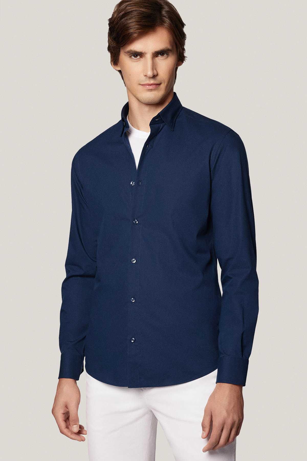 Koszula Granatowa z Bawełny z Długim Rękawem PM49