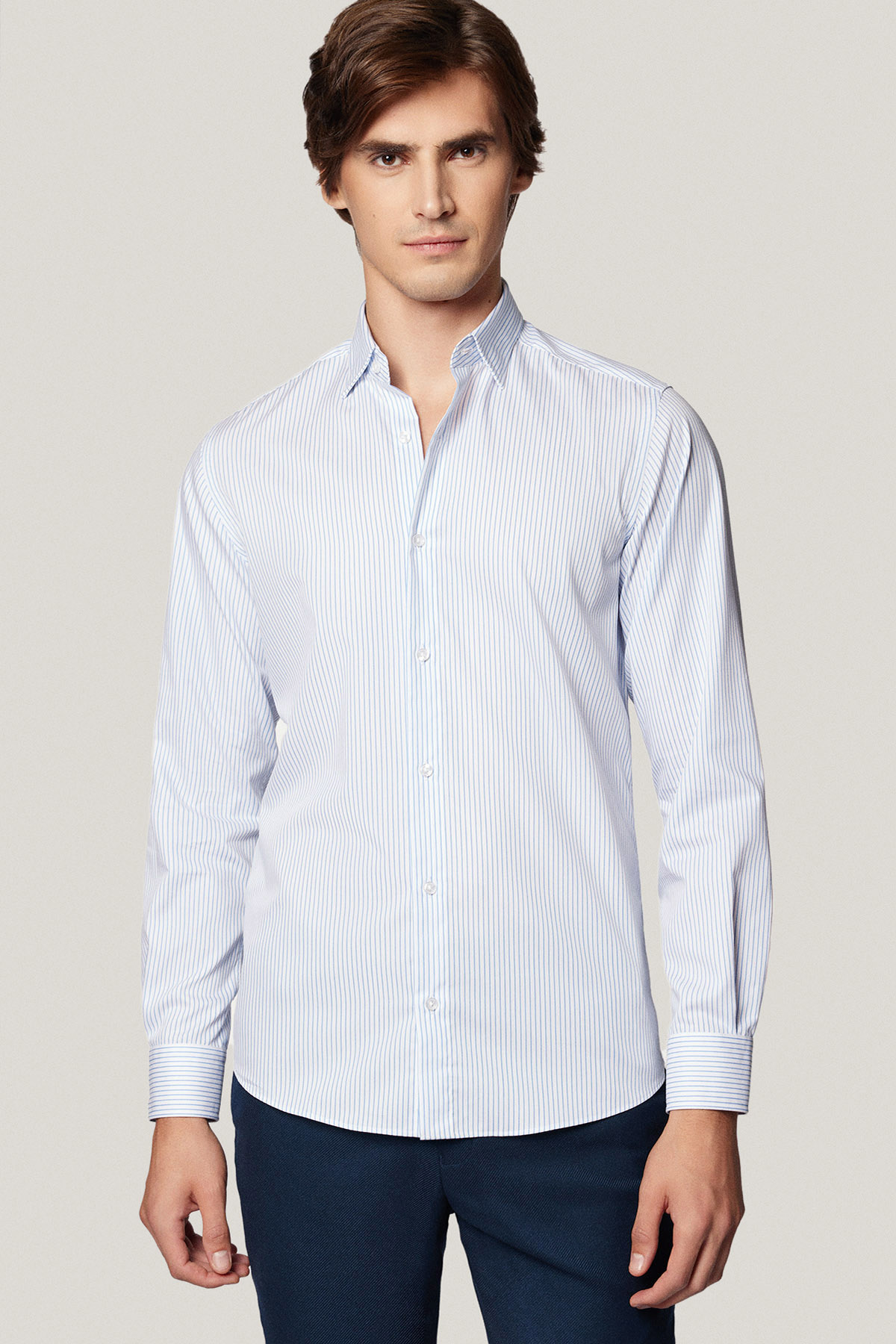 Koszula Biała w Prążek z Bawełny z Długim Rękawem PM53