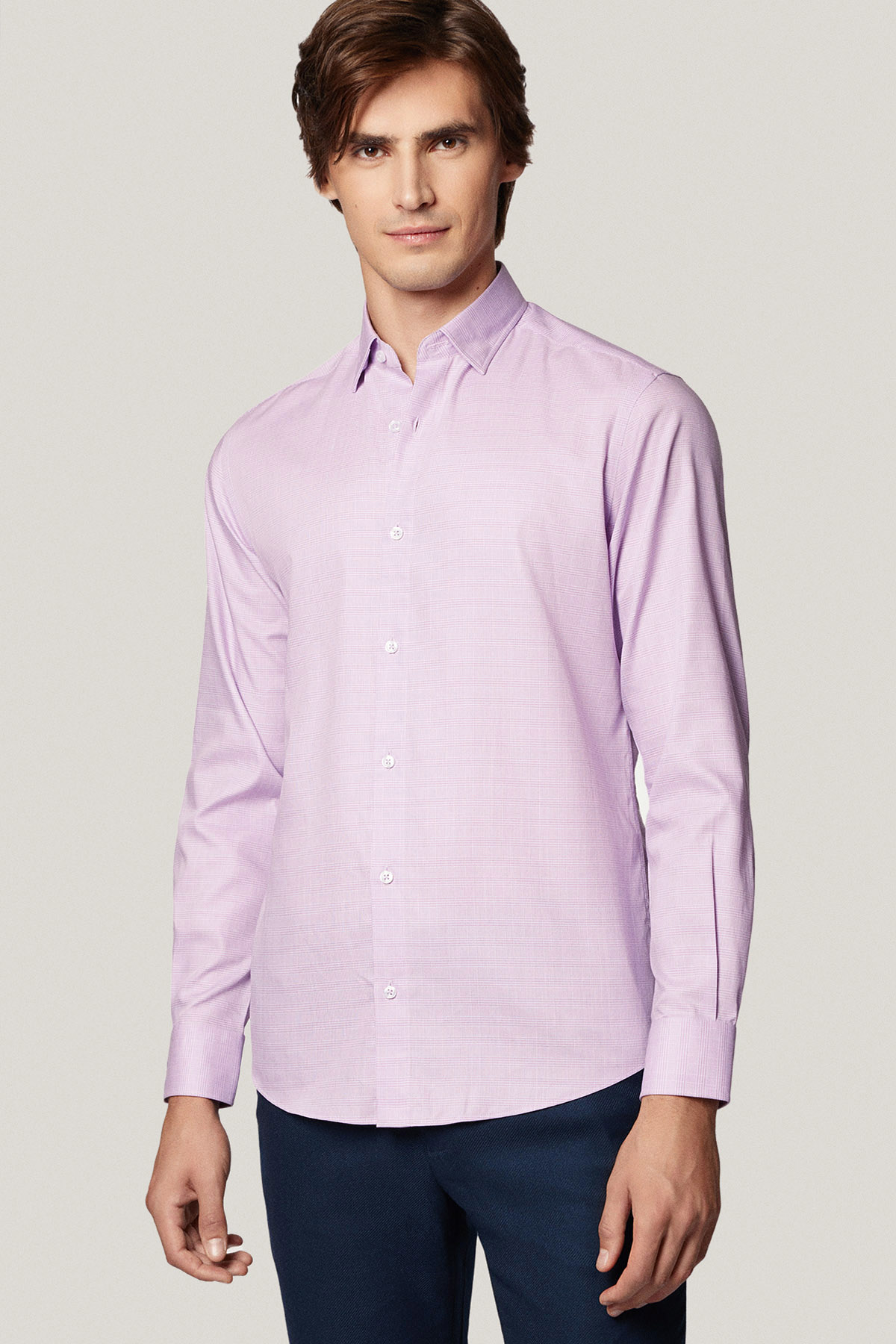 Koszula Wrzosowa z Bawełny z Długim Rękawem w Kratę PM54