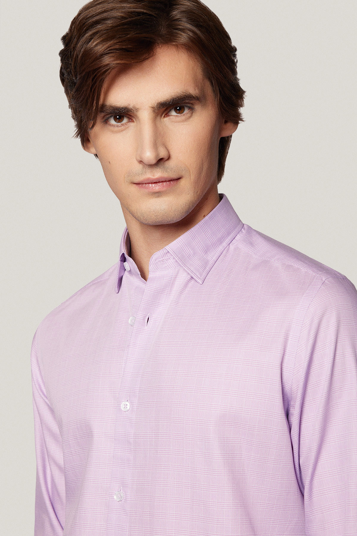 Koszula Wrzosowa z Bawełny z Długim Rękawem w Kratę PM54