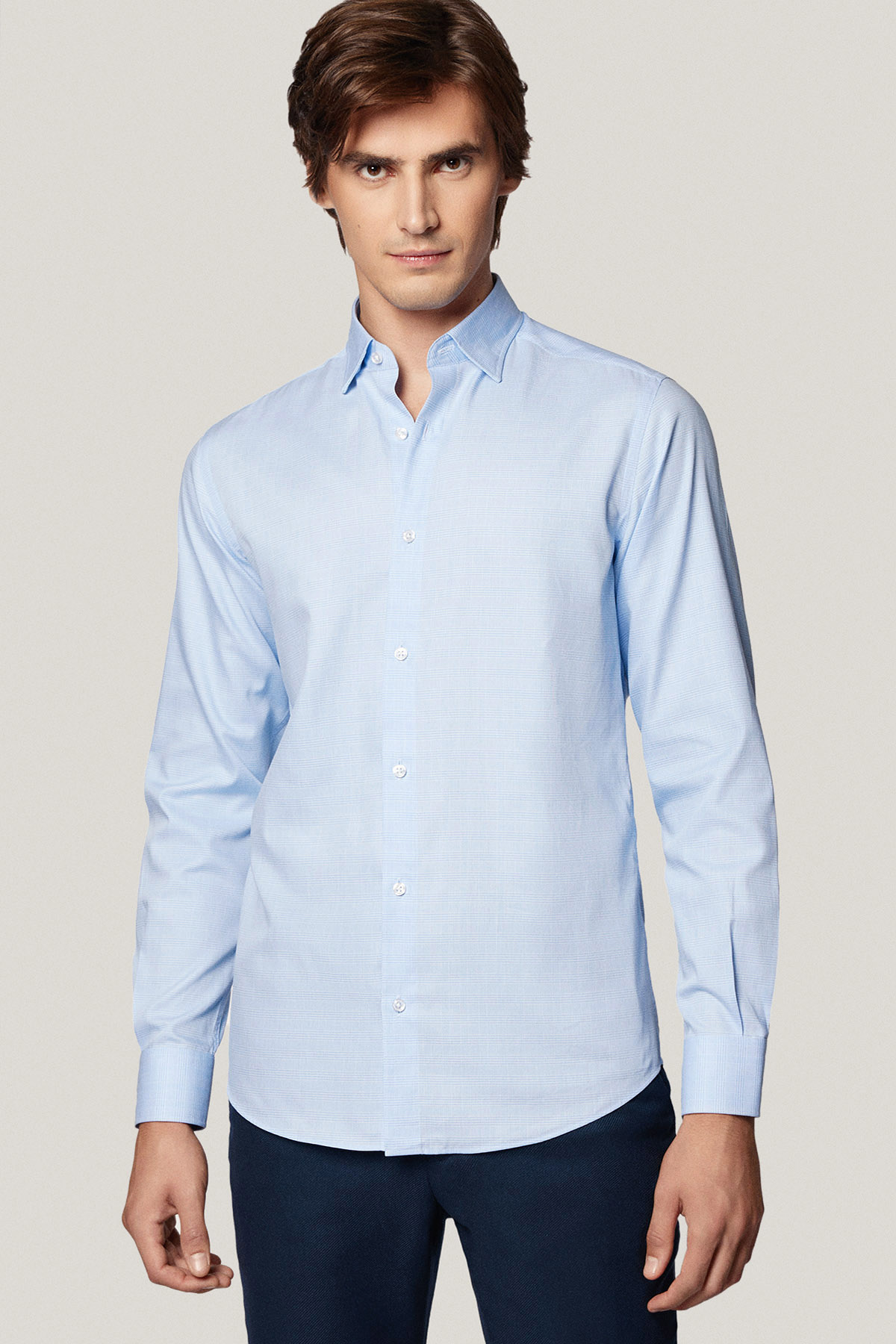 Koszula Błękitna z Bawełny z Długim Rękawem w Kratę PM55