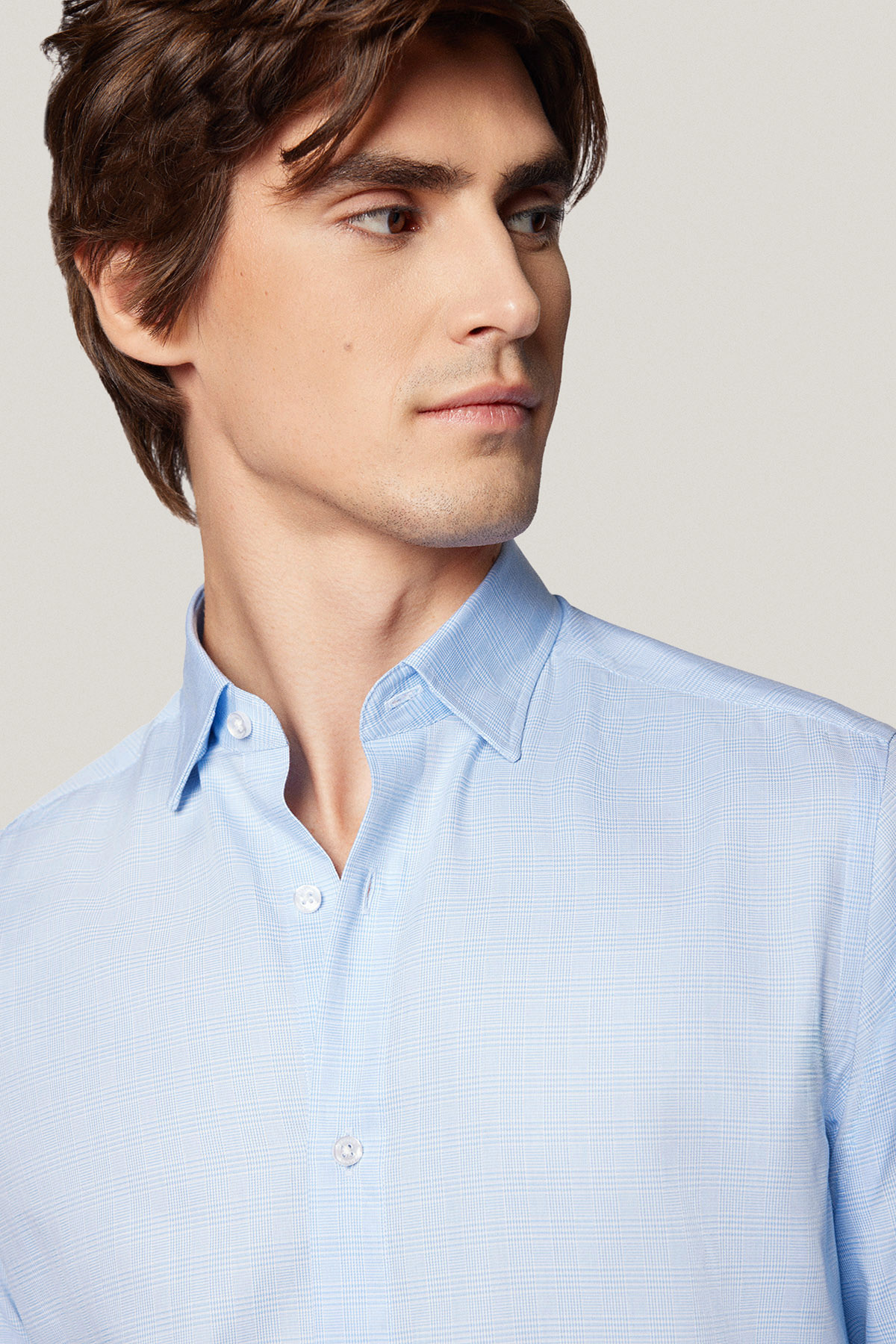 Koszula Błękitna z Bawełny z Długim Rękawem w Kratę PM55