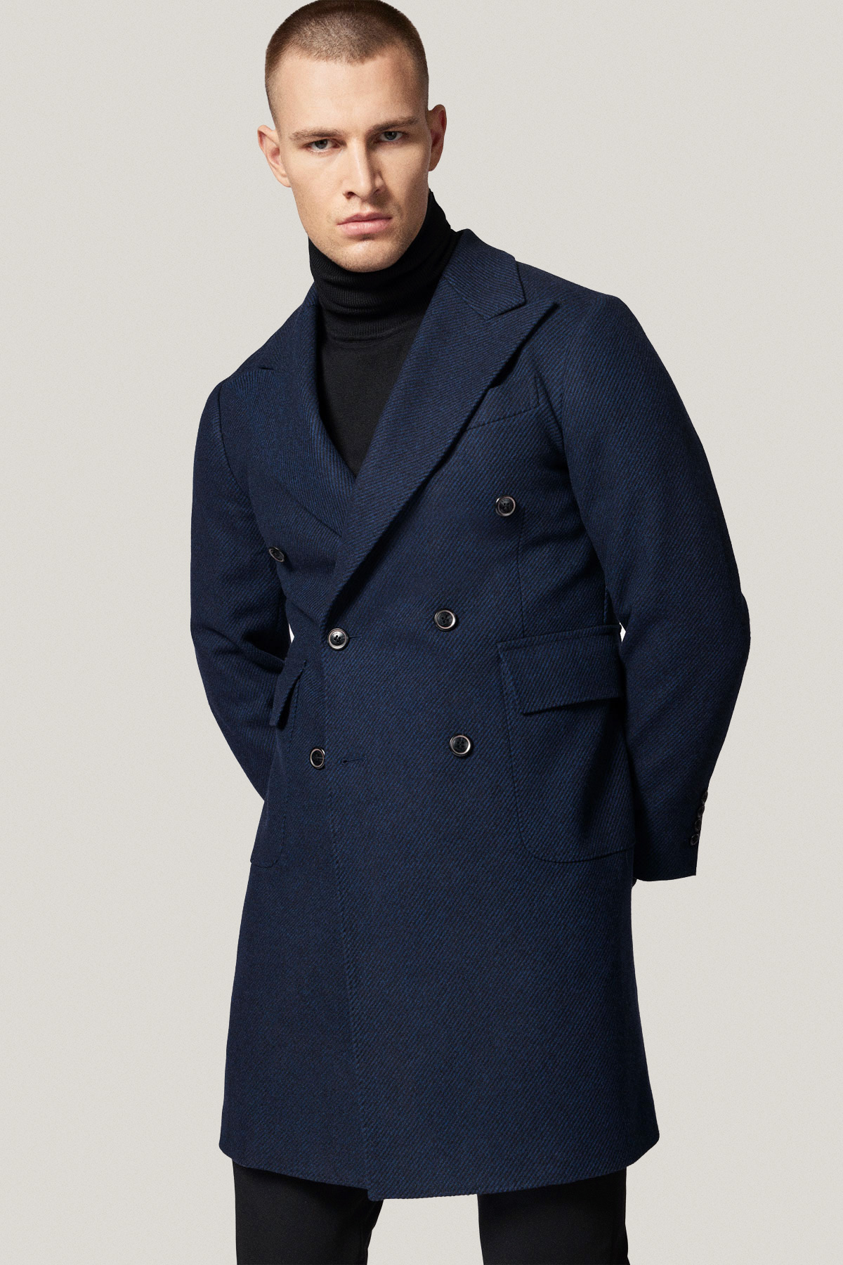 Płaszcz Zimowy Wełniany Dwurzędowy z Certyfikatem NFT Granatowy PM1