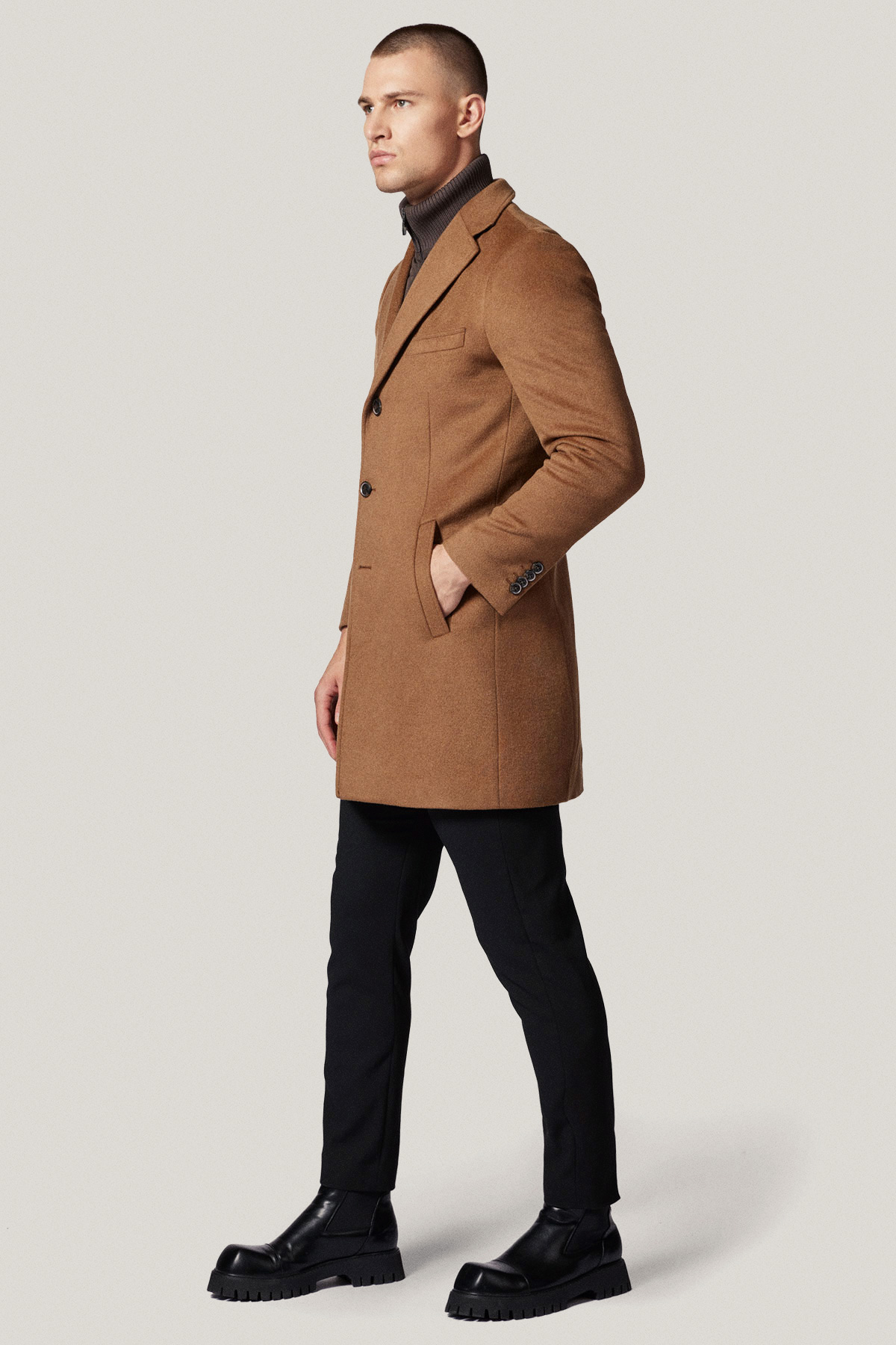 Płaszcz Zimowy Wełniany Jednorzędowy Beżowy PM3