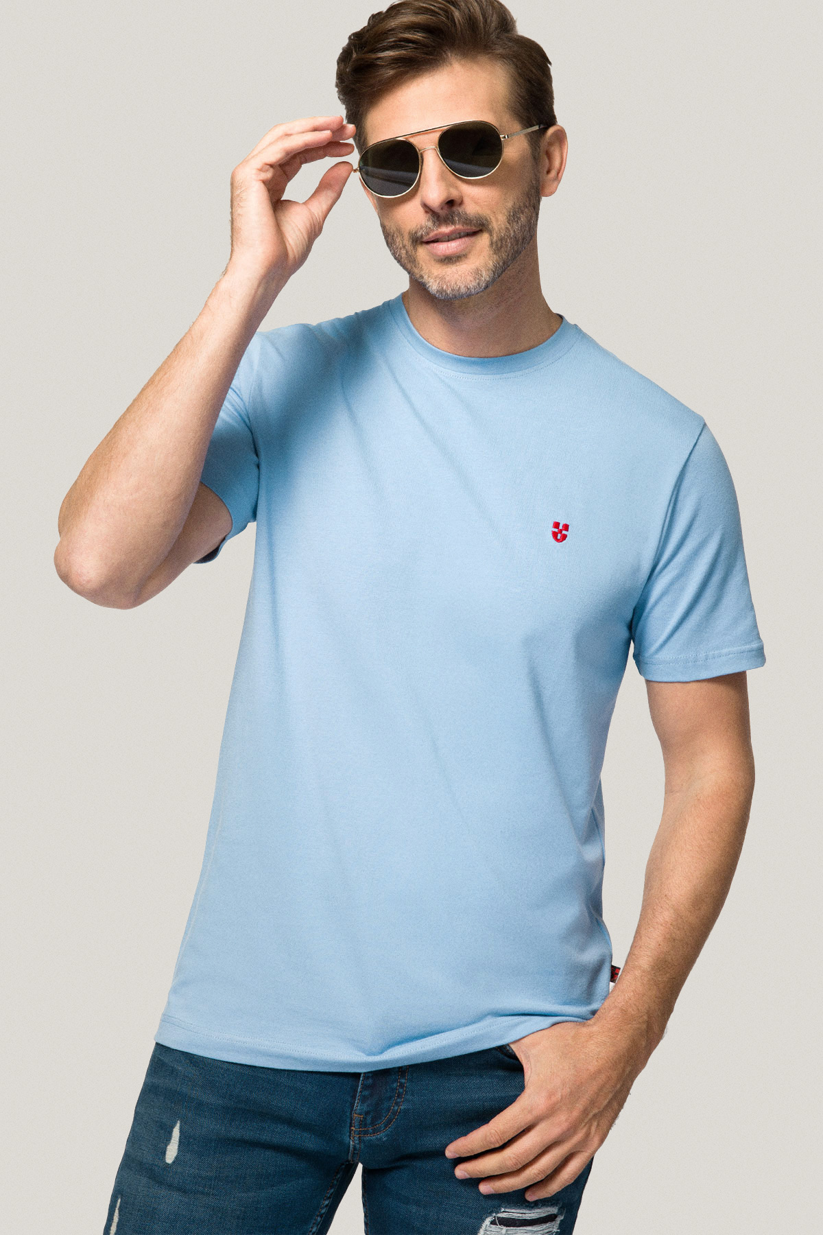 T-shirt Błękitny z Haftem Bawełniany PM2