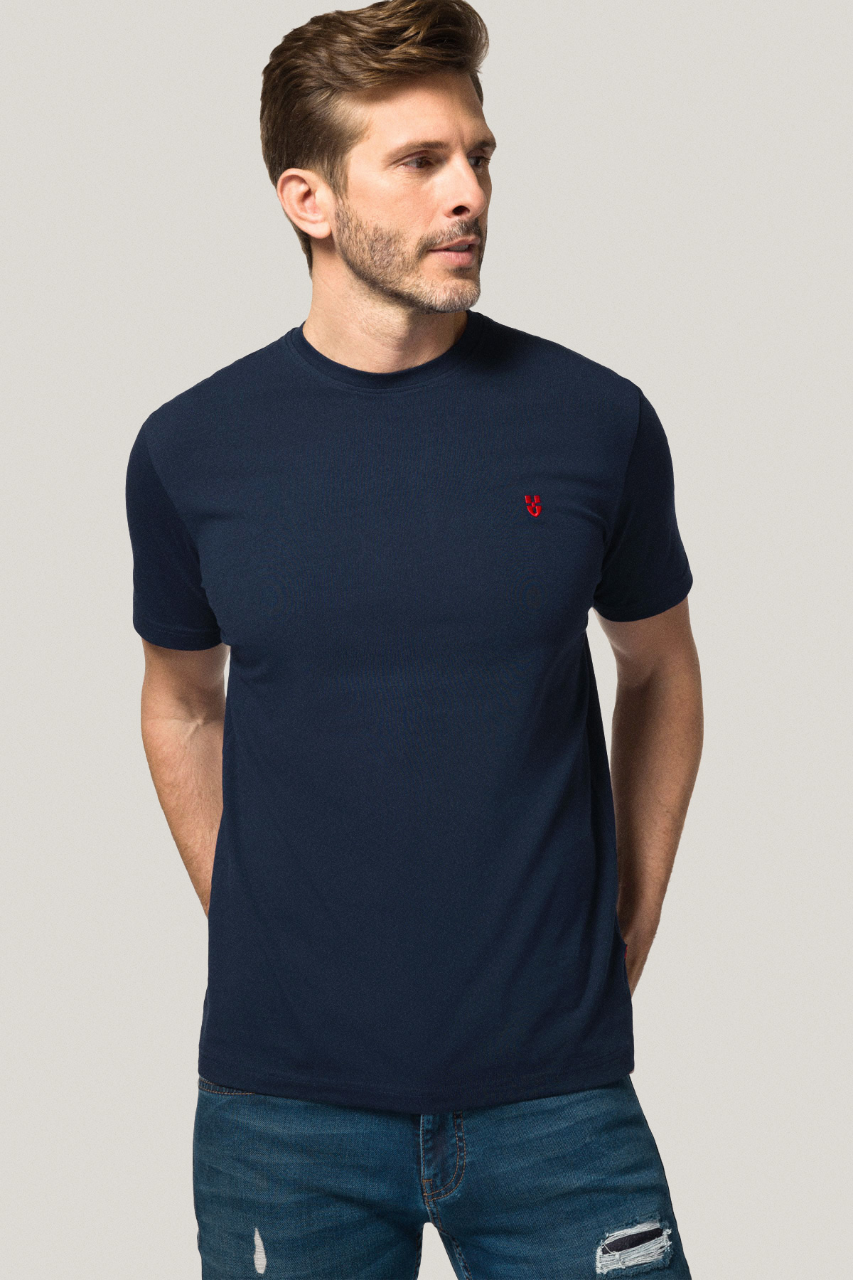 T-shirt Granatowy z Haftem Bawełniany PM2