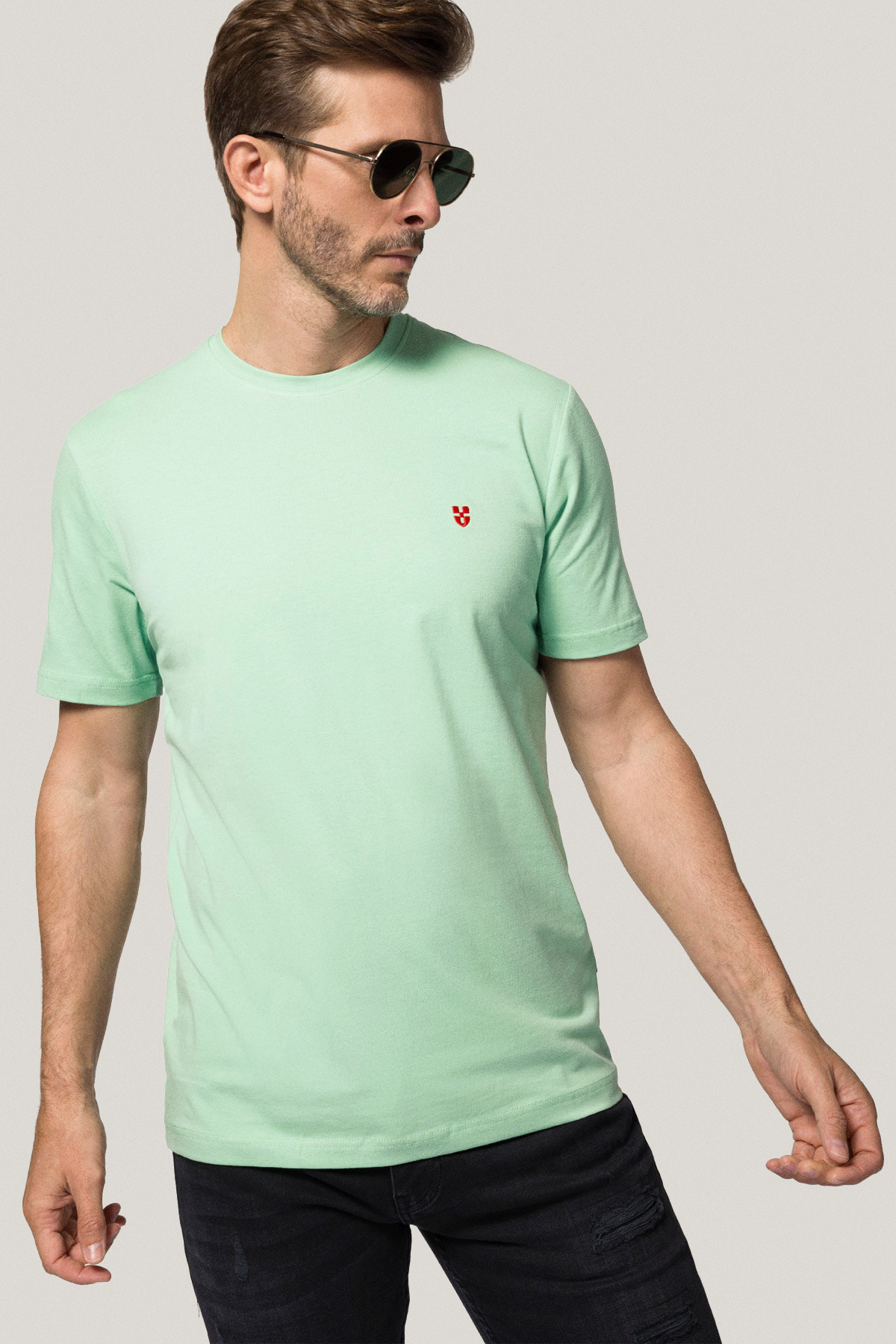 T-shirt Jasnozielony z Haftem Bawełniany PM2