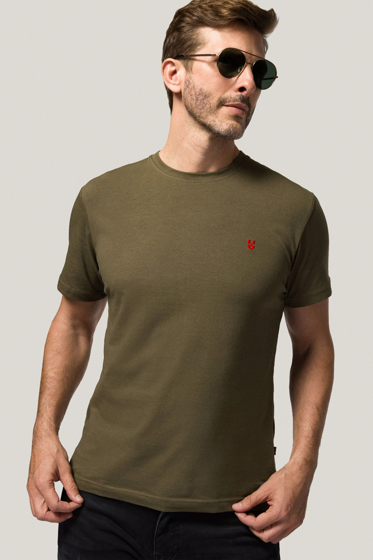 T-shirt Khaki z Haftem Bawełniany PM2