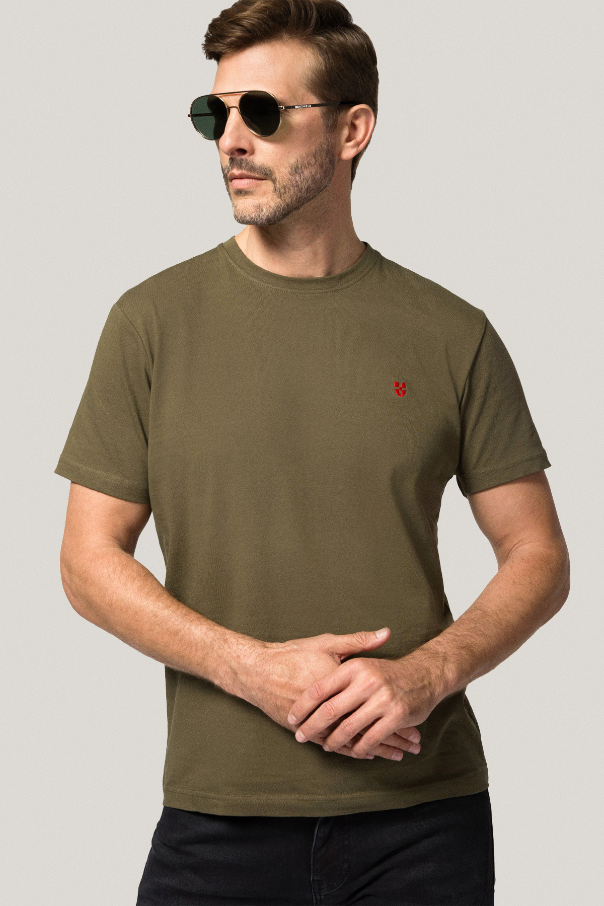 T-shirt Khaki z Haftem Bawełniany PM2
