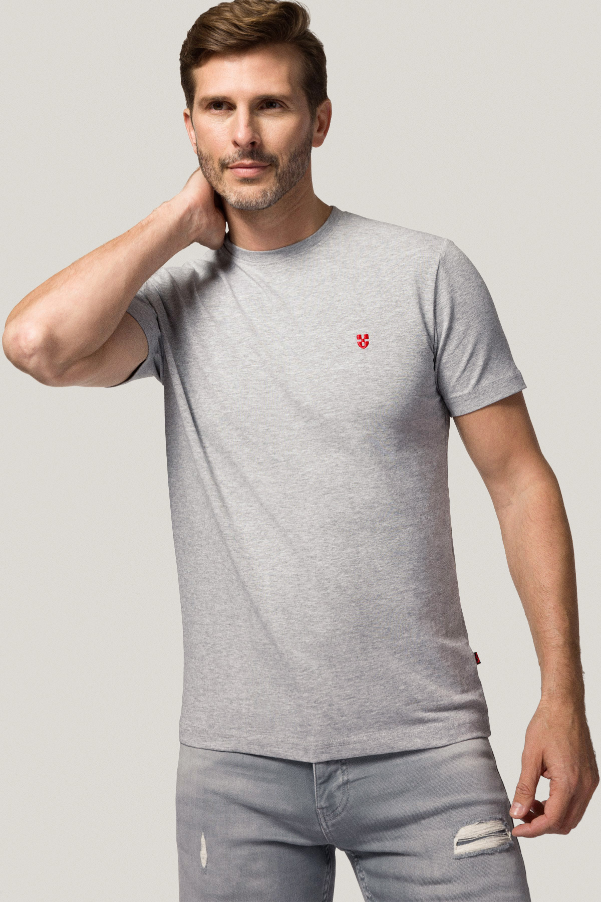 T-shirt Szary z Haftem i Nadrukiem Bawełniany PM3