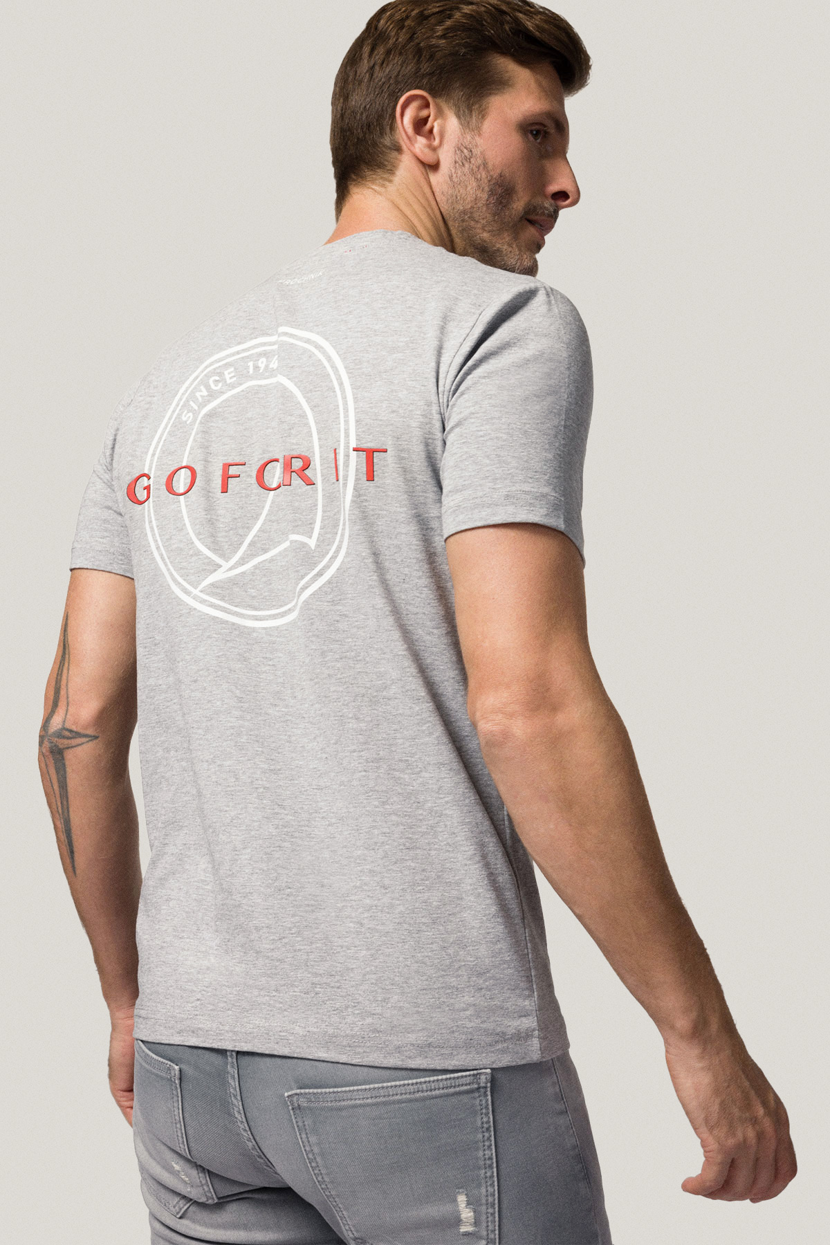 T-shirt Szary z Haftem i Nadrukiem Bawełniany PM3