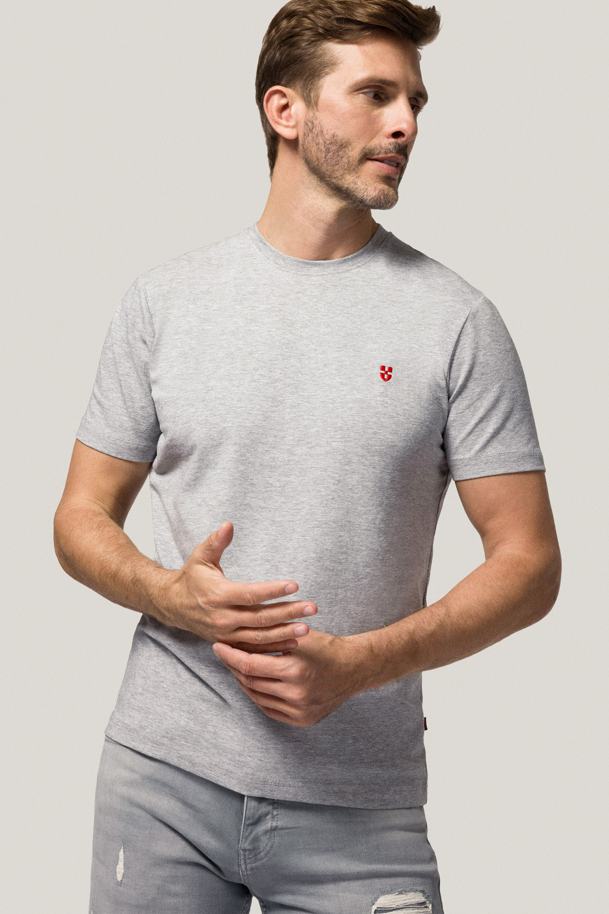 T-shirt Szary z Haftem i Nadrukiem Bawełniany PM3