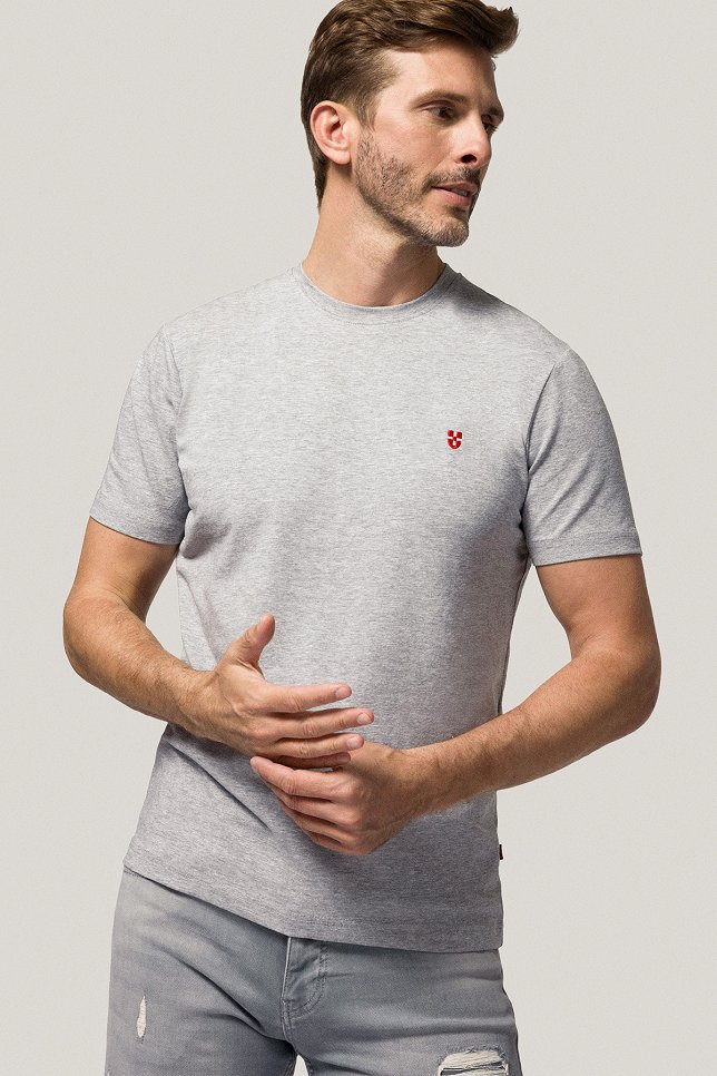 T-shirt Szary z Haftem i Nadrukiem Bawełniany PM3