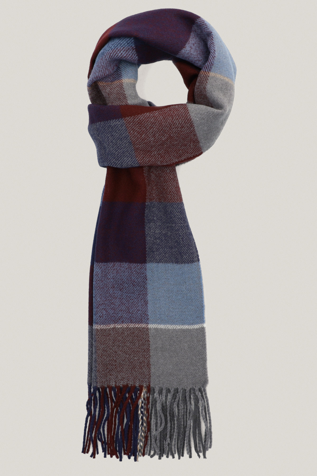 Szal w Szaro-Niebiesko-Bordową Kratę z Frędzlami PM17