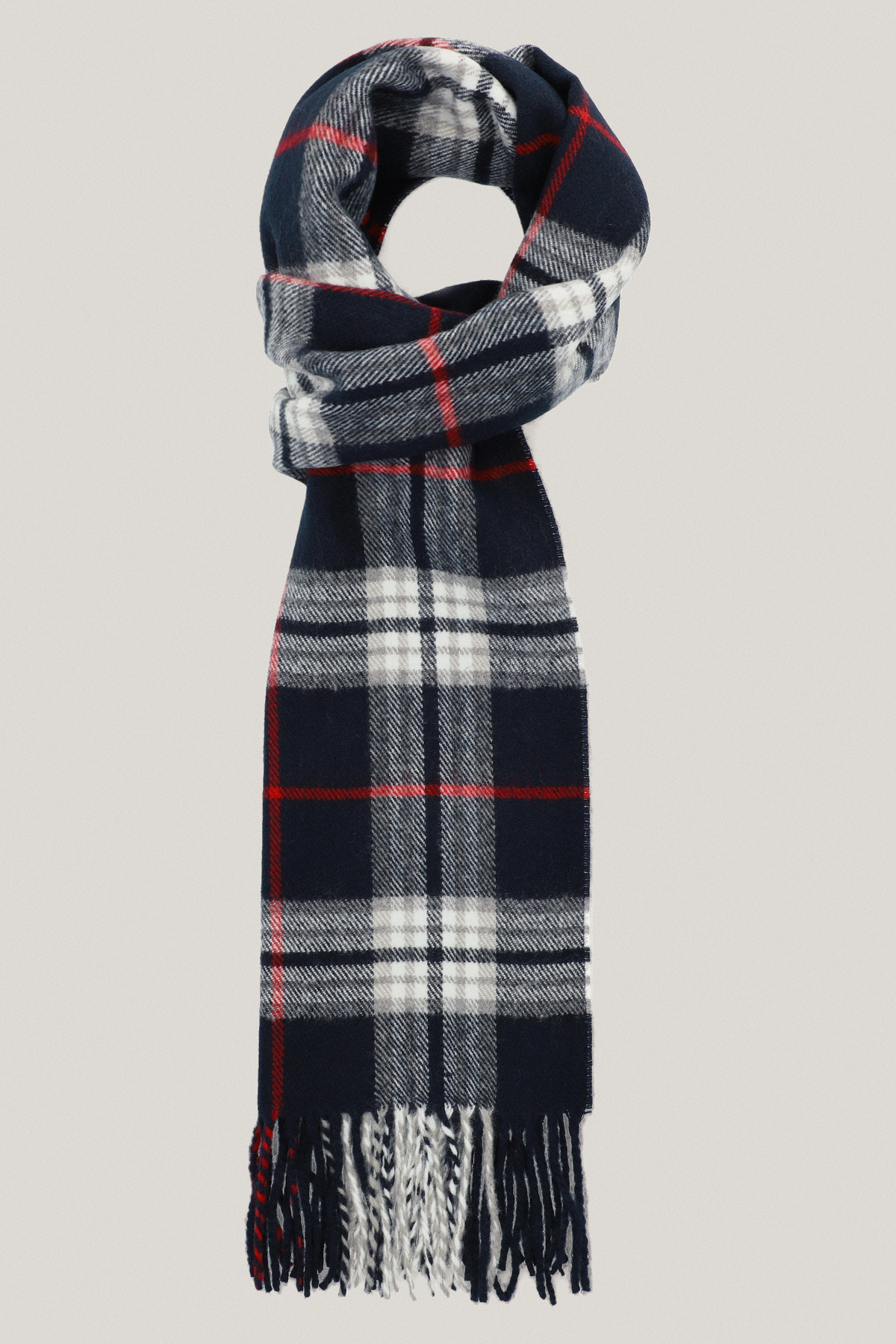 Szal Granatowy w Biało-Czerwoną Kratę z Frędzlami