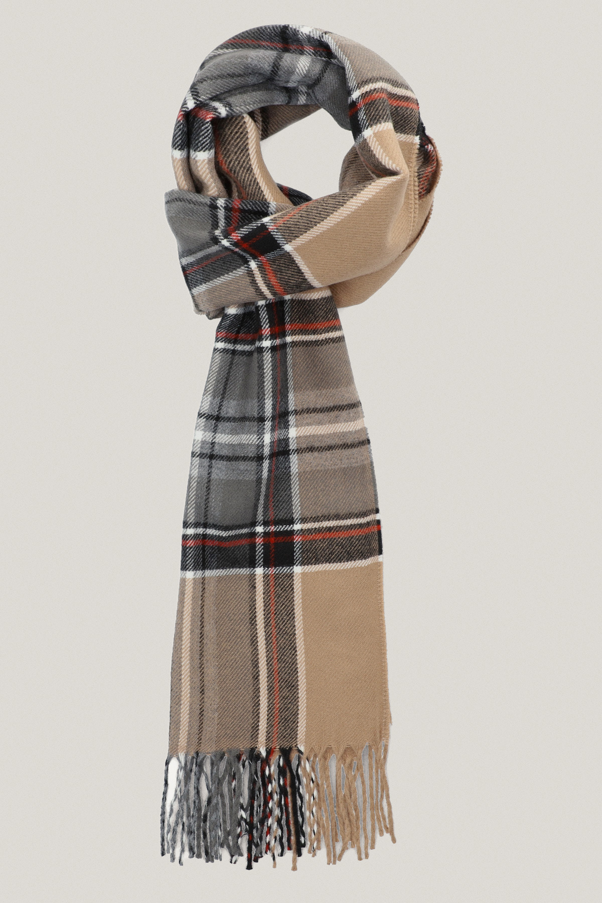 Szal w Beżowo-Brązową Kratę z Frędzlami PM18