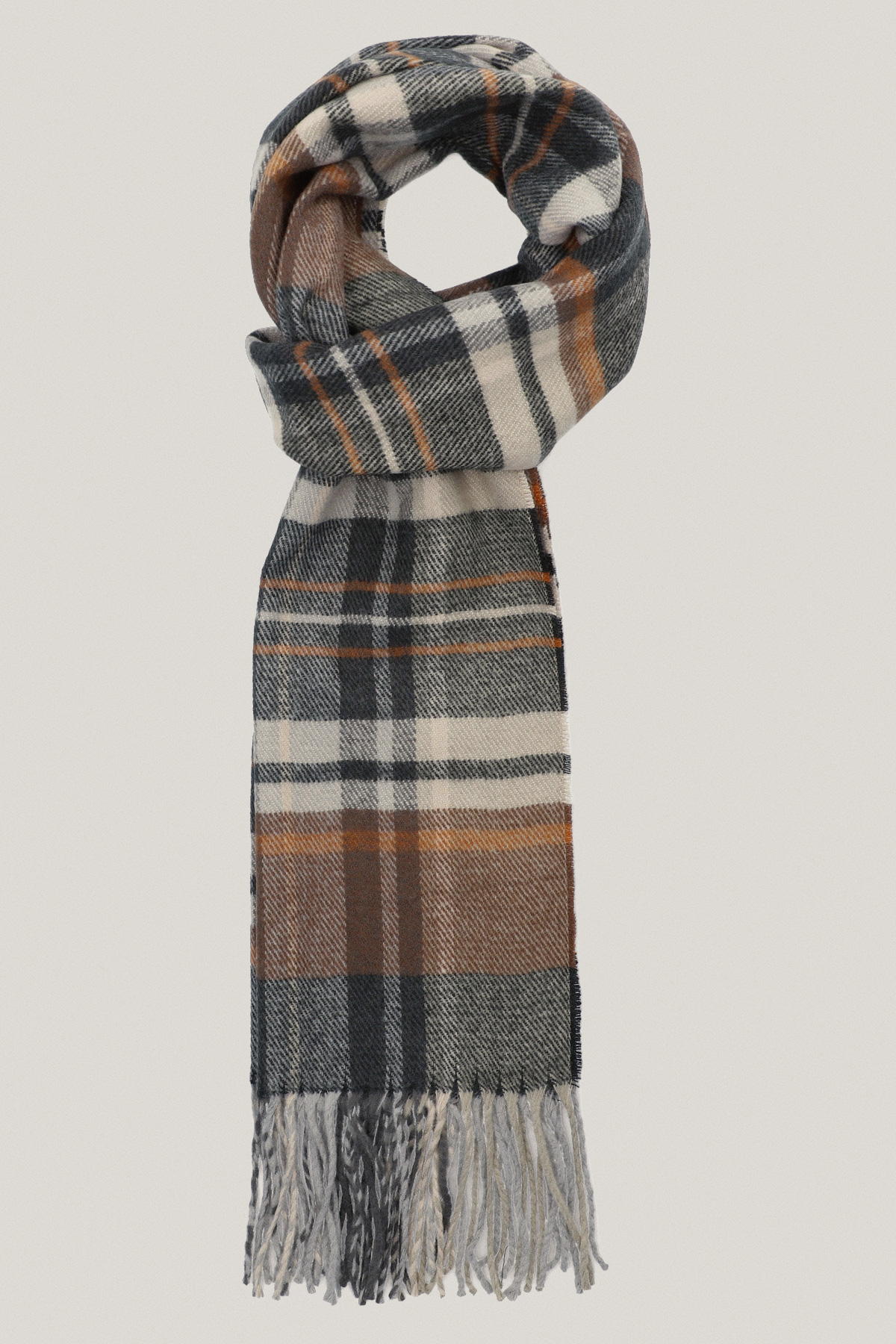 Szal w Brązowo-Szarą Kratę z Frędzlami PM7