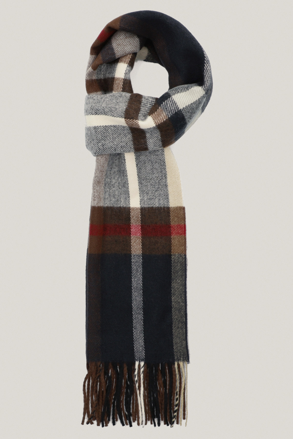 Szal w Brązowo-Antracytową Kratę z Frędzlami PM8