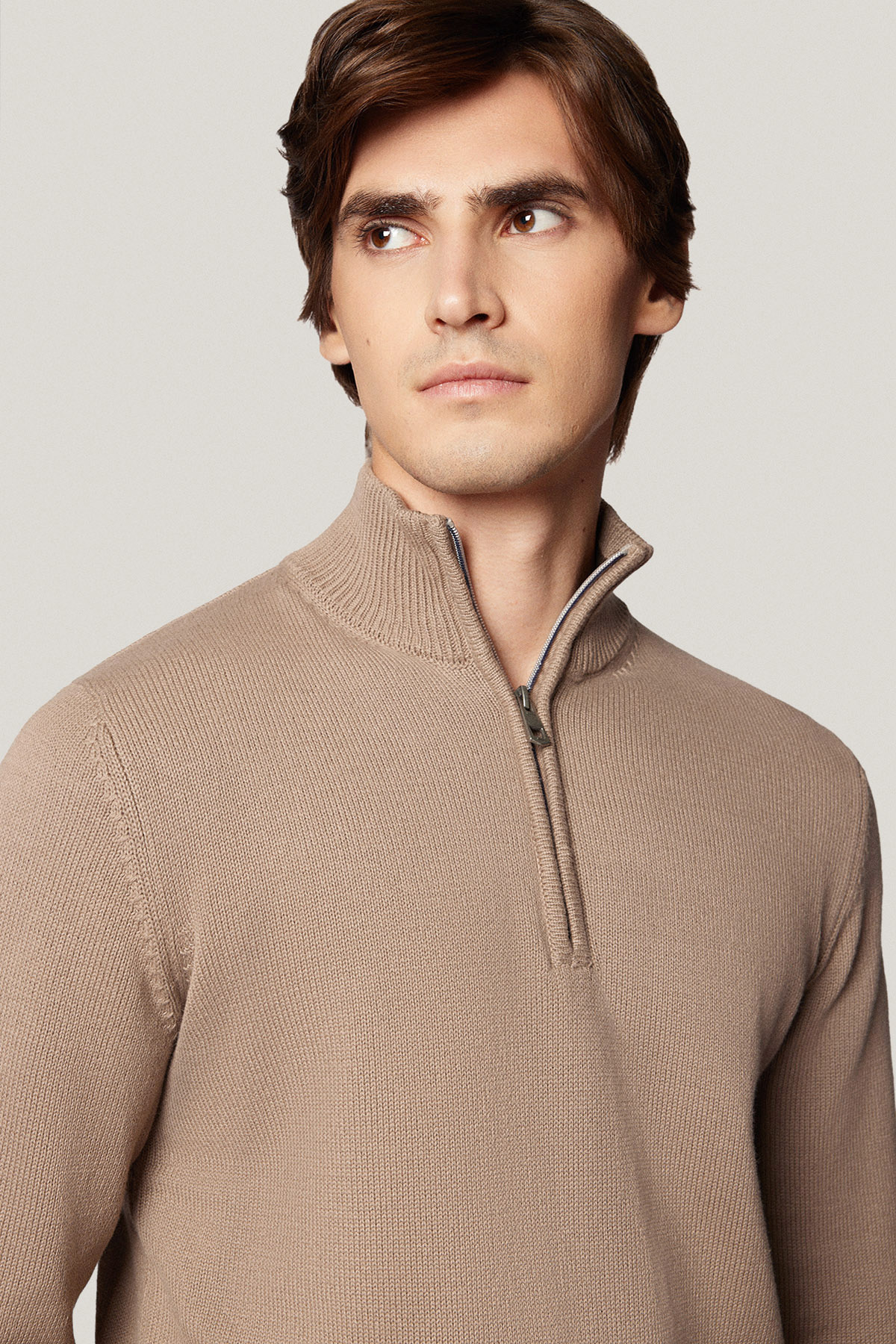 Sweter Rozpinany pod Szyją Beżowy z Bawełny PM10