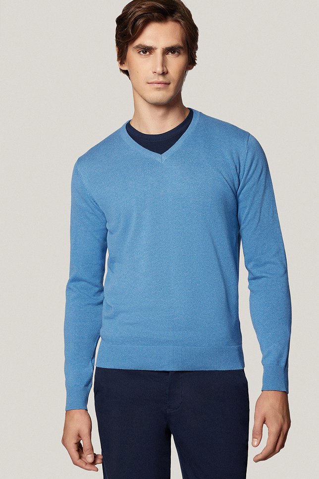 Sweter Błękitny Bawełniany V-neck PM7