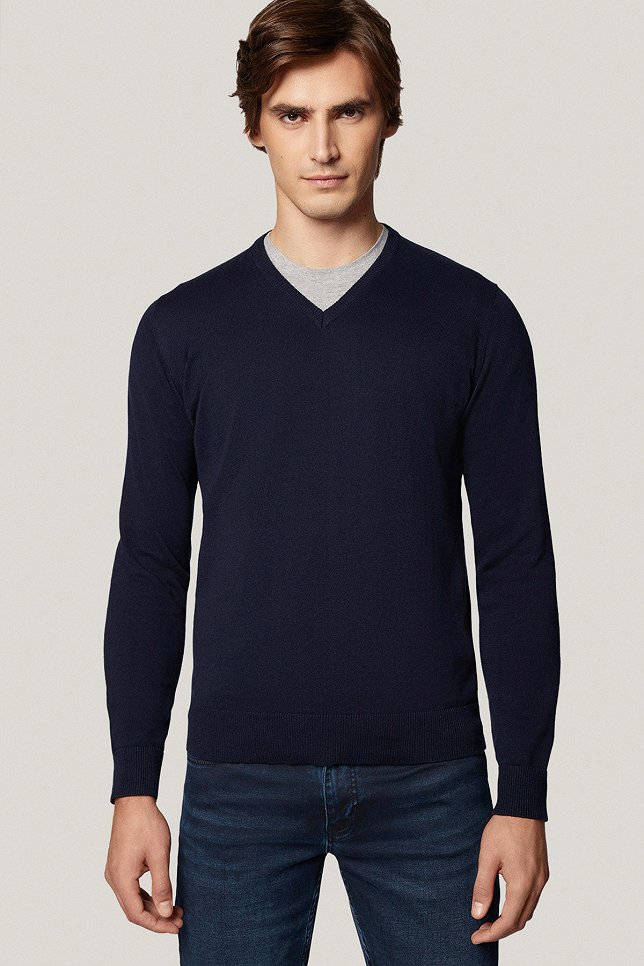 Sweter Granatowy Bawełniany V-neck PM7