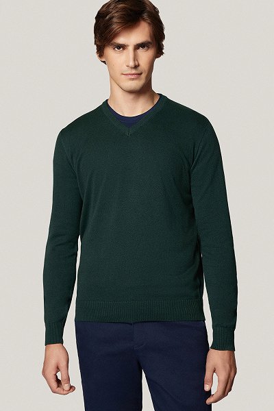 Sweter Zielony Bawełniany V-neck PM7