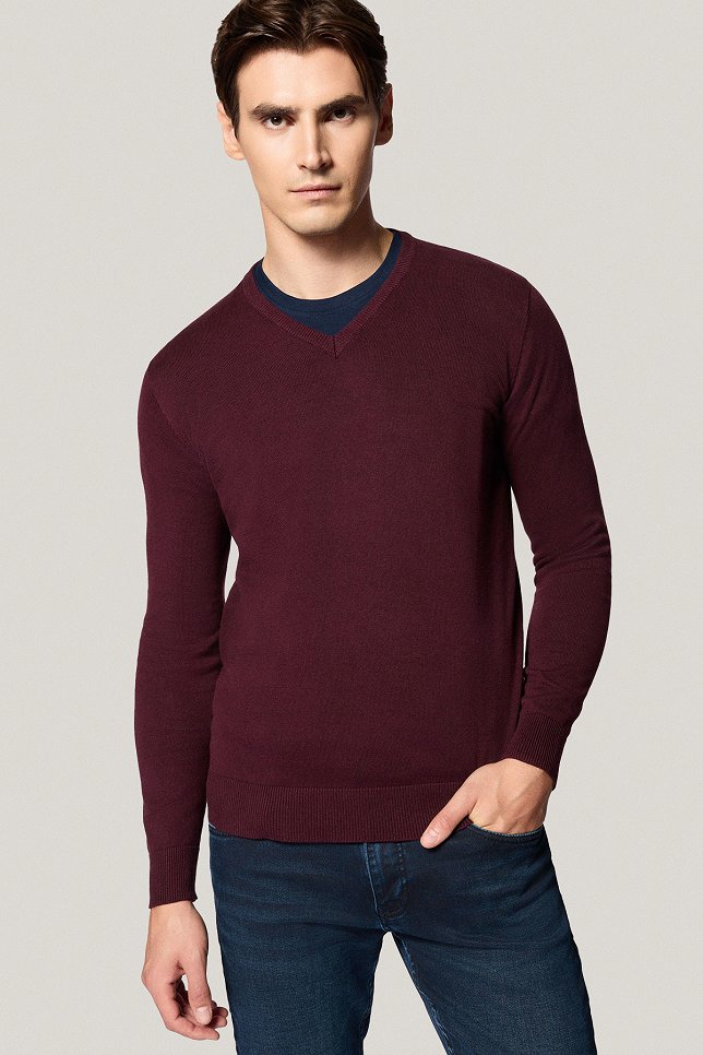 Sweter Bordowy Bawełniany V-neck PM7